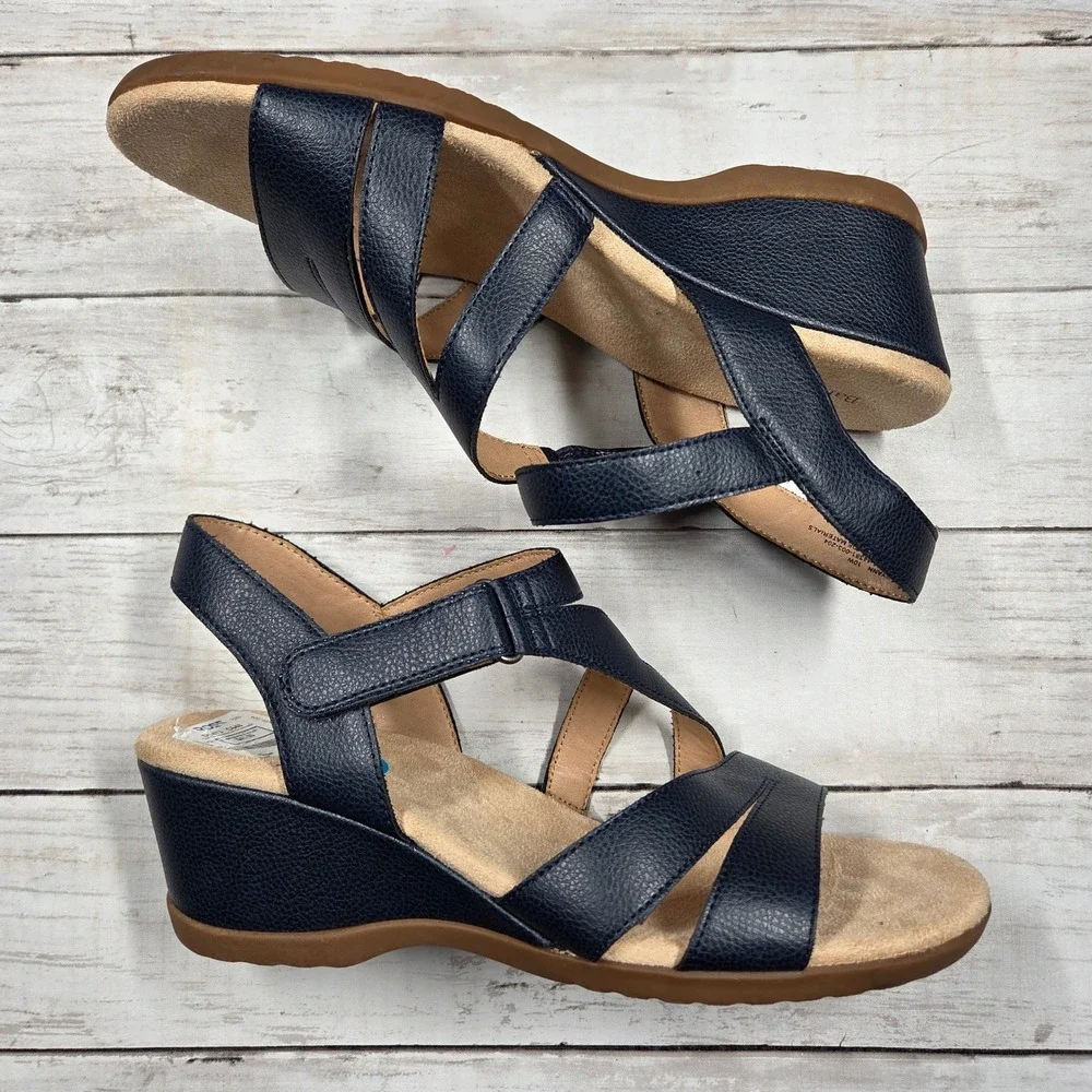 Baretraps Kyann Wedge Sandal Womens 10W Navy Blue Strappy Comfort‎ Slingback Low